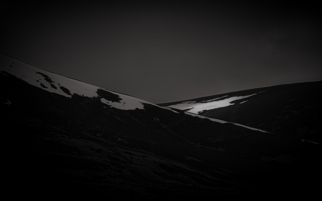 Sgor Mor, some of the mountains in Glen Clunie just up the way from the Cairnwell in Glenshee.

An experimental processing, aiming for a very dark low-key effect with just a hint of light to show the snow on the tops.