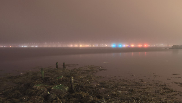Lights in the mist - the Tay Bridge from Newport-on-Tay looking towards Dundee, on a dark foggy evening