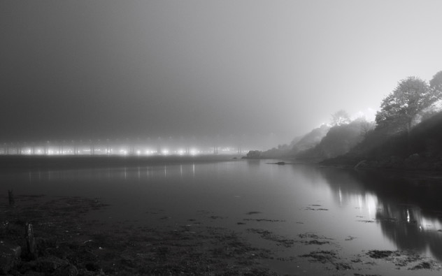 Artificial lights - streetlights and lights on the Tay Bridge reflecting in the River Tay, mixing in the fog