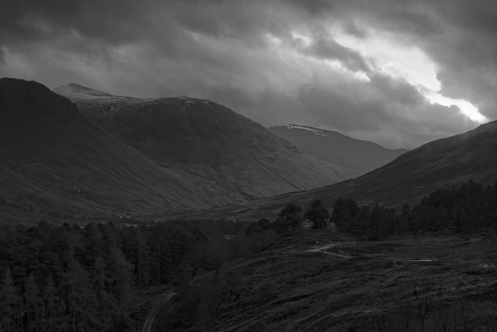 Distant (snow-capped) mountains and dramatic light through passing clouds. Taken above Gallin, just along from Meggernie Castle in the middle of Glen Lyon.