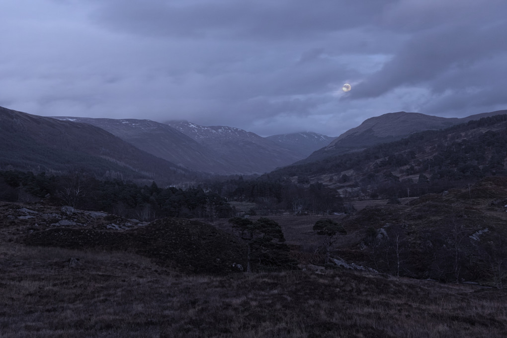 An absolute gift of a photo. Dusk was falling fast as I drove back along the small road; as I rounded a corner I saw a clear view to the bright rising near-full moon along the glen, complete with a couple of boulders (one to include in the photo, another one to clamber quickly up to get it).