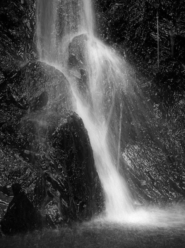 One of my favourite waterfalls, a couple of gentle cascades beside a path up Birnam Hill, very near the Highland Boundary Fault line. It has such a refreshingly pure chilled taste - speaks of innocence.

A simple composition - white water flowing over mostly black moss/algae-covered rock with flakes of golden yellow rock showing through.