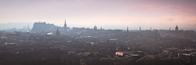 An extract from a panorama taken around Edinburgh, looking almost into the sun on a hazy late evening - just before the fog rolled in