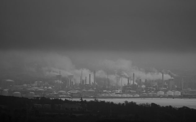Refinery on the horizon, taken from the Mill Glen at Tillicoultry - l;ooking south on a very dull day.