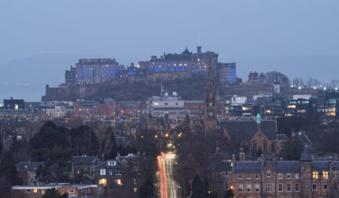 Changing light as dusk falls over Edinburgh city centre, from Blackford Hill by the Observatory.