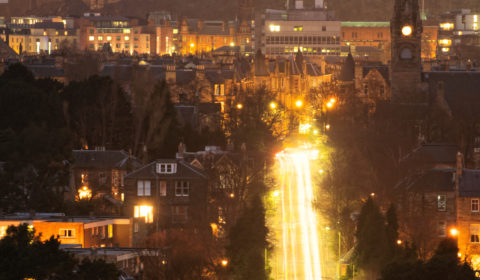 Changing light as dusk falls over Edinburgh city centre, from Blackford Hill by the Observatory.