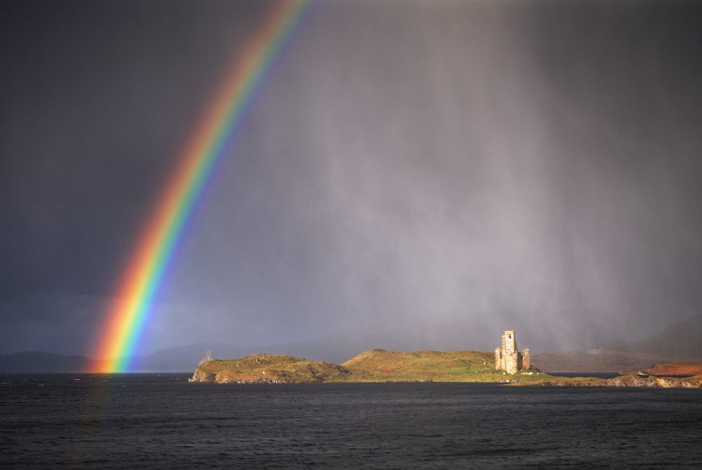 It was a morning of rainbows - glorious vibrant colours followed by heavy hail storms. I saw this one coming as I passed Inchnadamph - made a bee-line for a roadside layby - and got it right at the optimum brightness with the dark rainclouds behind.
Then it got wet.