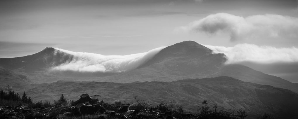 A large foggy cloud flowing over Stob Binnein and Ben More outside Crianlarich, from Lix Toll near Killin.