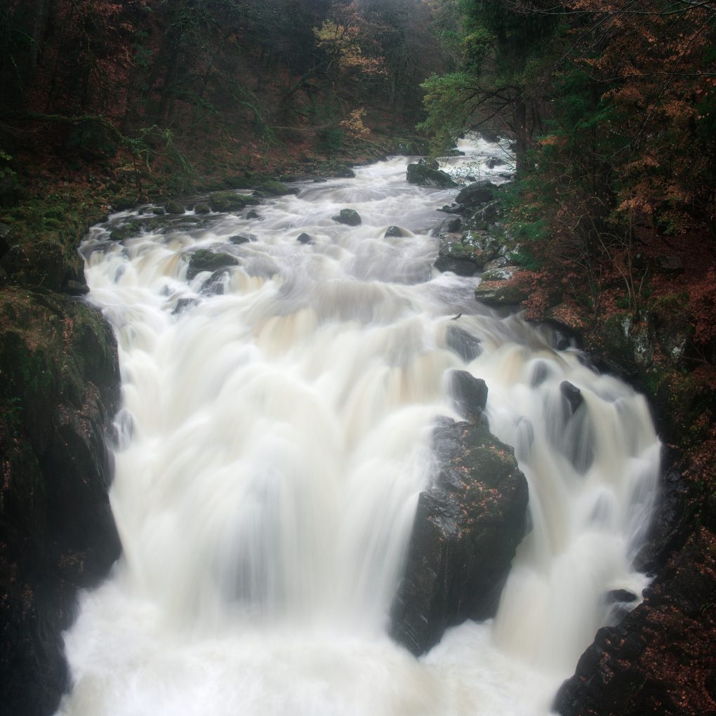 A classic view of the Black Linn waterfall in the River Brann at the Hermitage in late autumn colours.